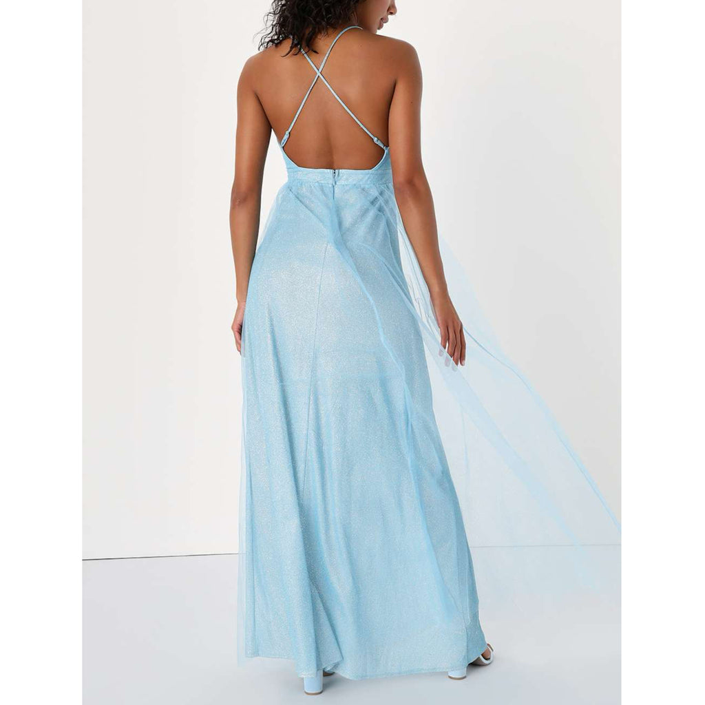 Lulus Enchanting Allure Light Blue Sparkly Tulle Maxi Dress
