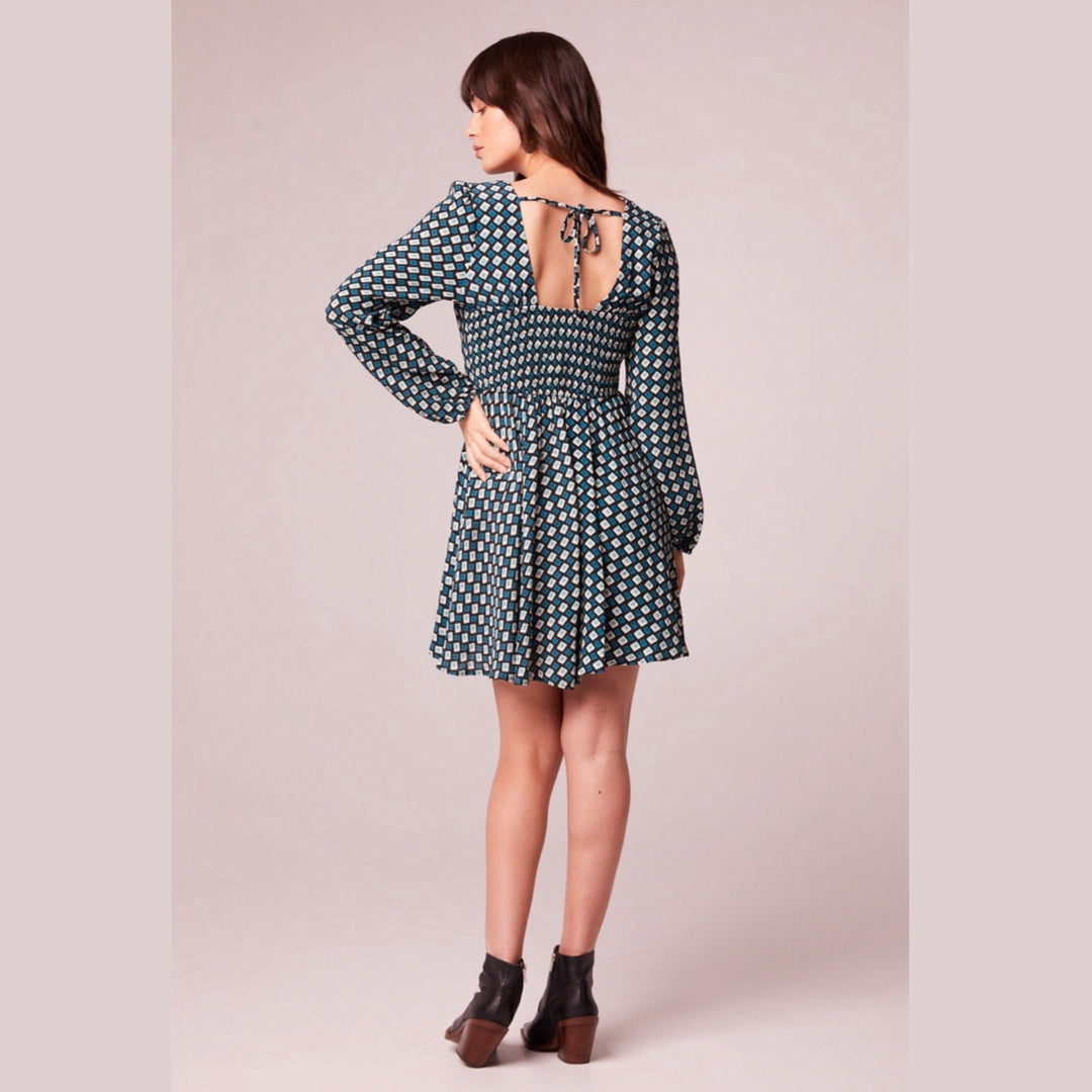 BAND OF THE FREE Genevieve Autumn Teal Diamond Long Sleeve Mini Dress