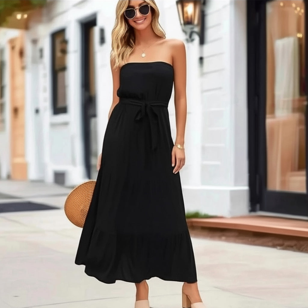 Elegant Off-Shoulder Ruffle Dress in Midnight Black Tie Waist Design Maxi