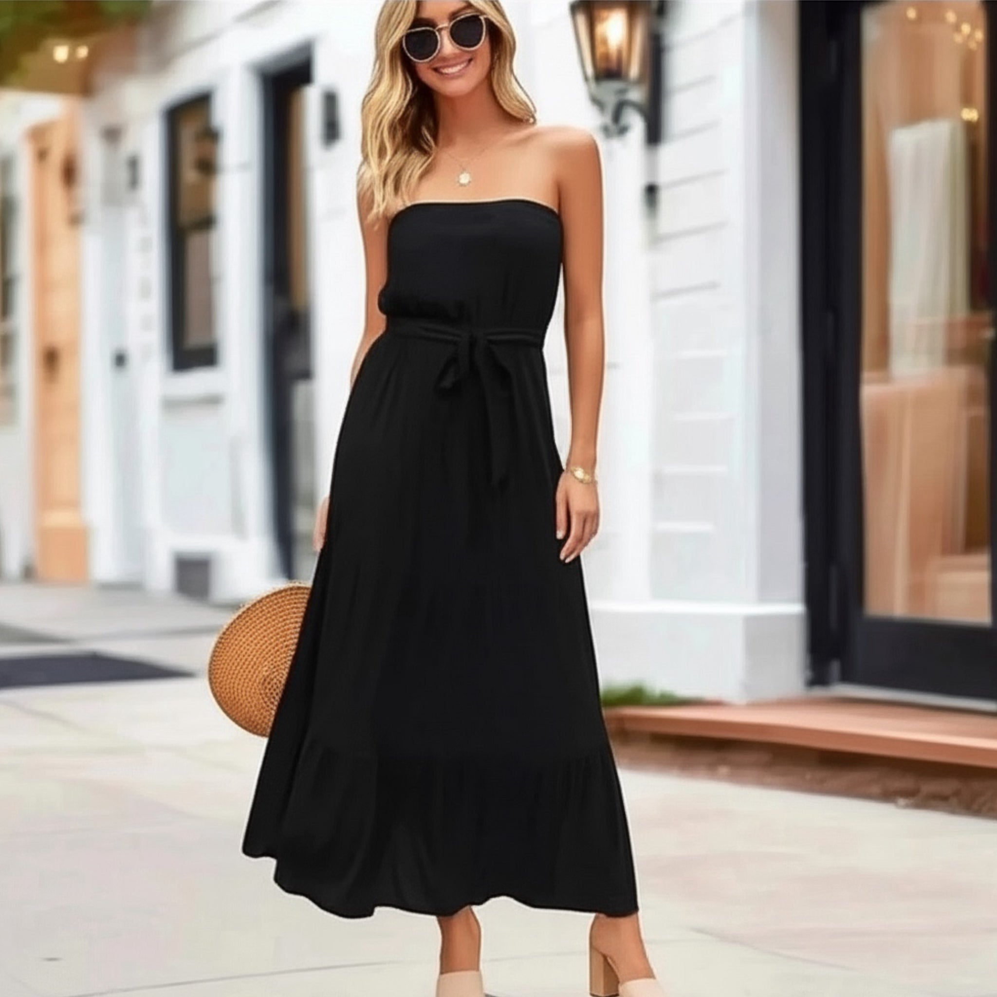 Elegant Off-Shoulder Ruffle Dress in Midnight Black Tie Waist Design Maxi