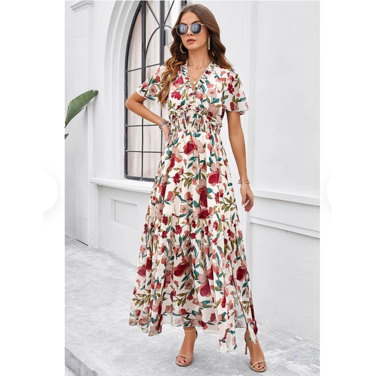 Floral Ruffle Hem Waist Band Long Maxi Dress in Beige (S, M, L, XL)