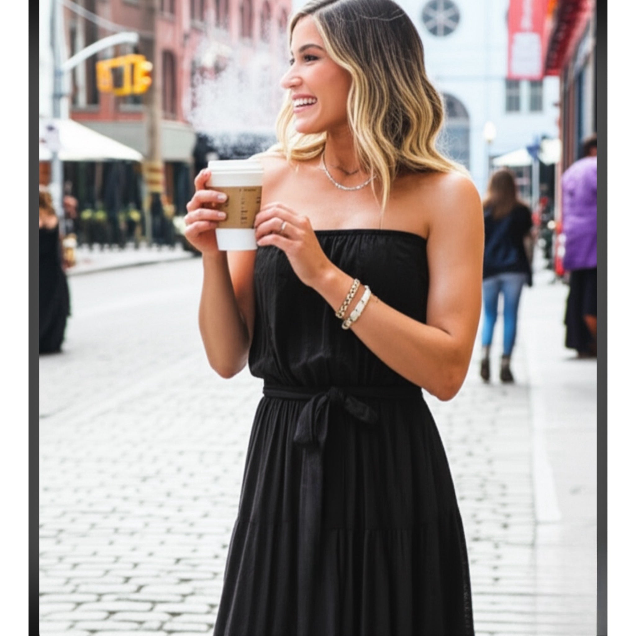 Elegant Off-Shoulder Ruffle Dress in Midnight Black Tie Waist Design Maxi