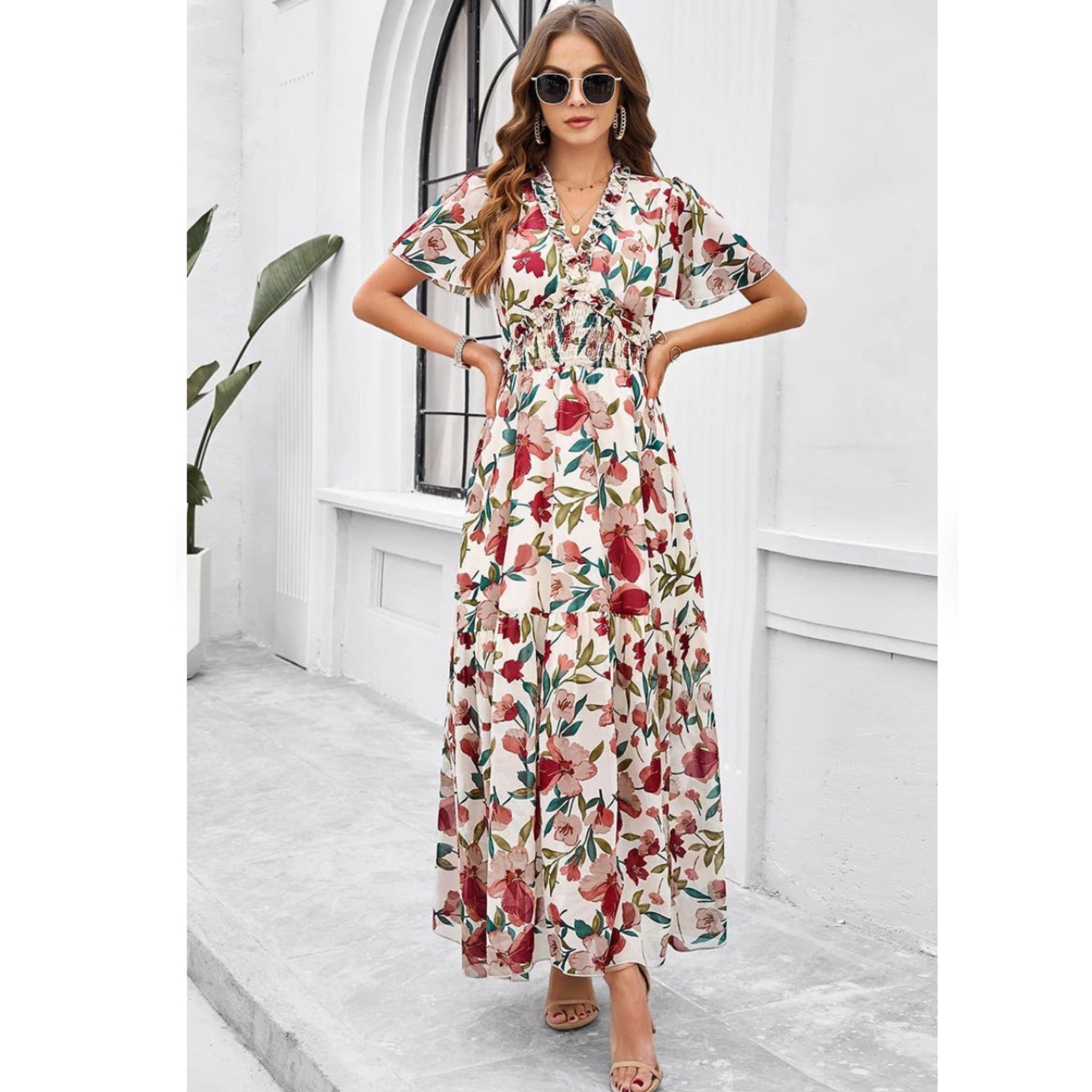 Floral Ruffle Hem Waist Band Long Maxi Dress in Beige (S, M, L, XL)