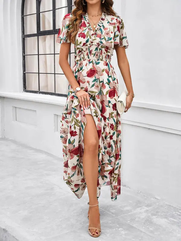 Floral Ruffle Hem Waist Band Long Maxi Dress in Beige (S, M, L, XL)