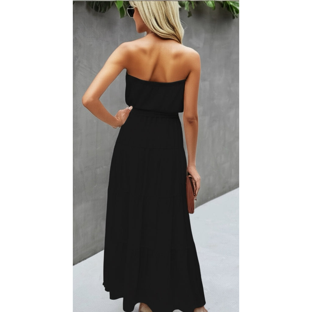 Elegant Off-Shoulder Ruffle Dress in Midnight Black Tie Waist Design Maxi