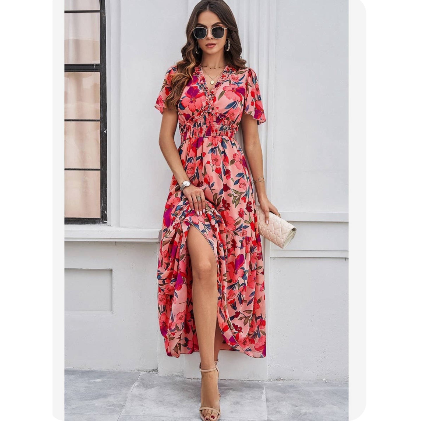 Floral Ruffle Hem Waist Band Long Maxi Dress in Pink