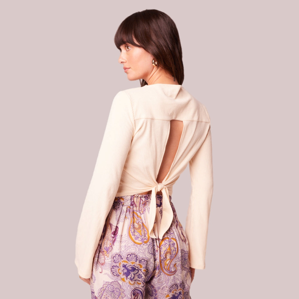 BAND OF THE FREE Avril Cream Mock Neck Top Cropped Blouse Long Sleeve
