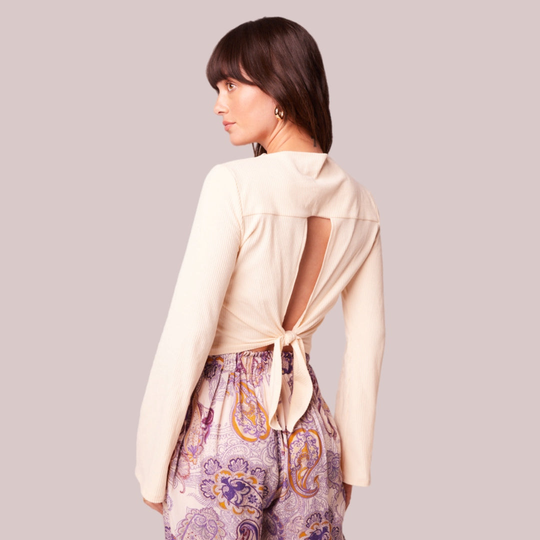 BAND OF THE FREE Avril Cream Mock Neck Top Cropped Blouse Long Sleeve