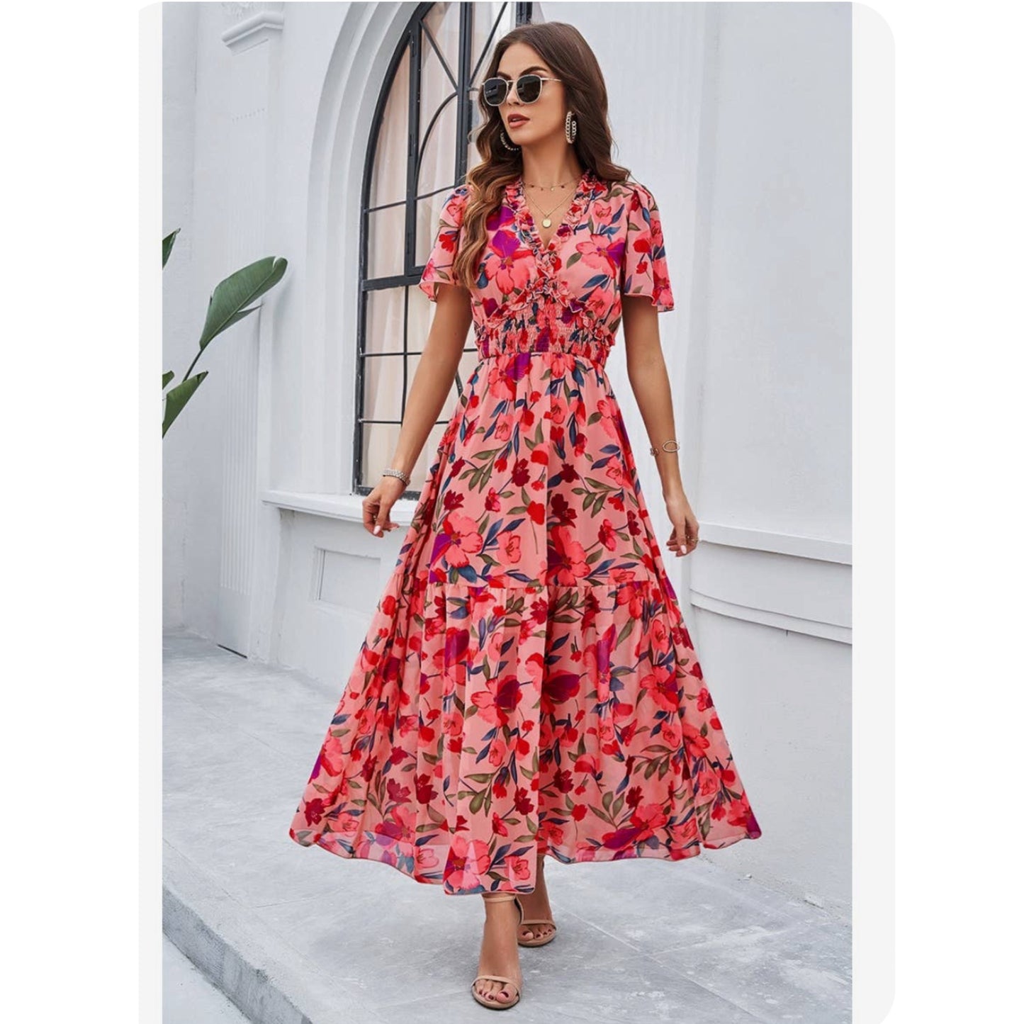 Floral Ruffle Hem Waist Band Long Maxi Dress in Pink