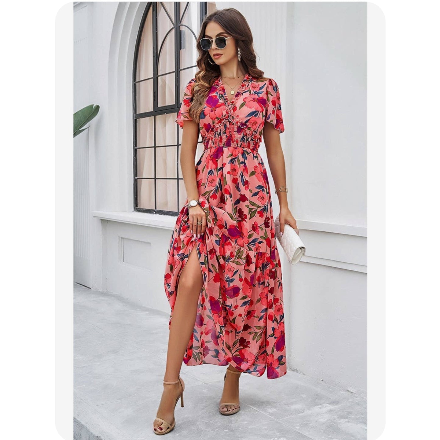 Floral Ruffle Hem Waist Band Long Maxi Dress in Pink