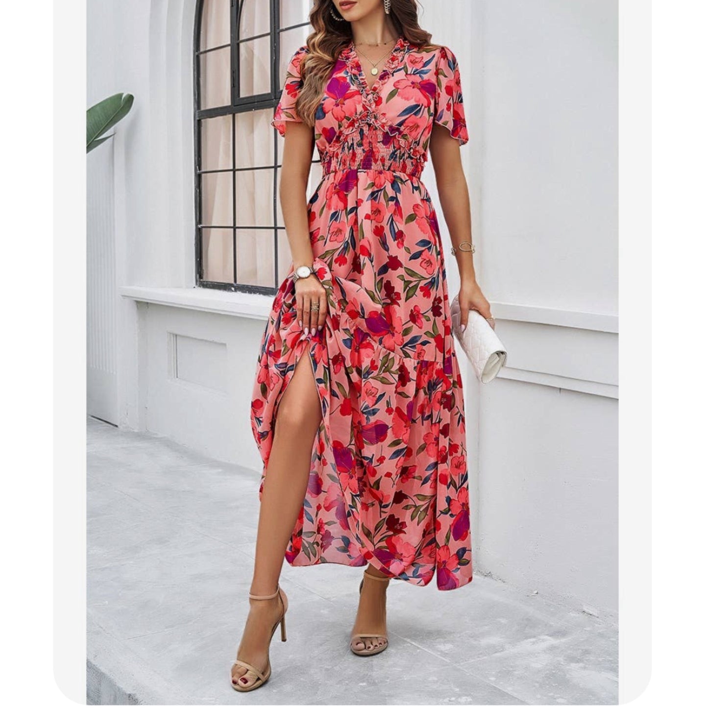 Floral Ruffle Hem Waist Band Long Maxi Dress in Pink