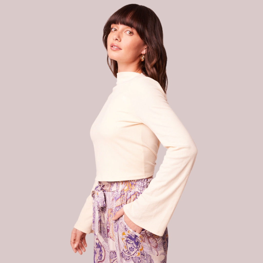 BAND OF THE FREE Avril Cream Mock Neck Top Cropped Blouse Long Sleeve