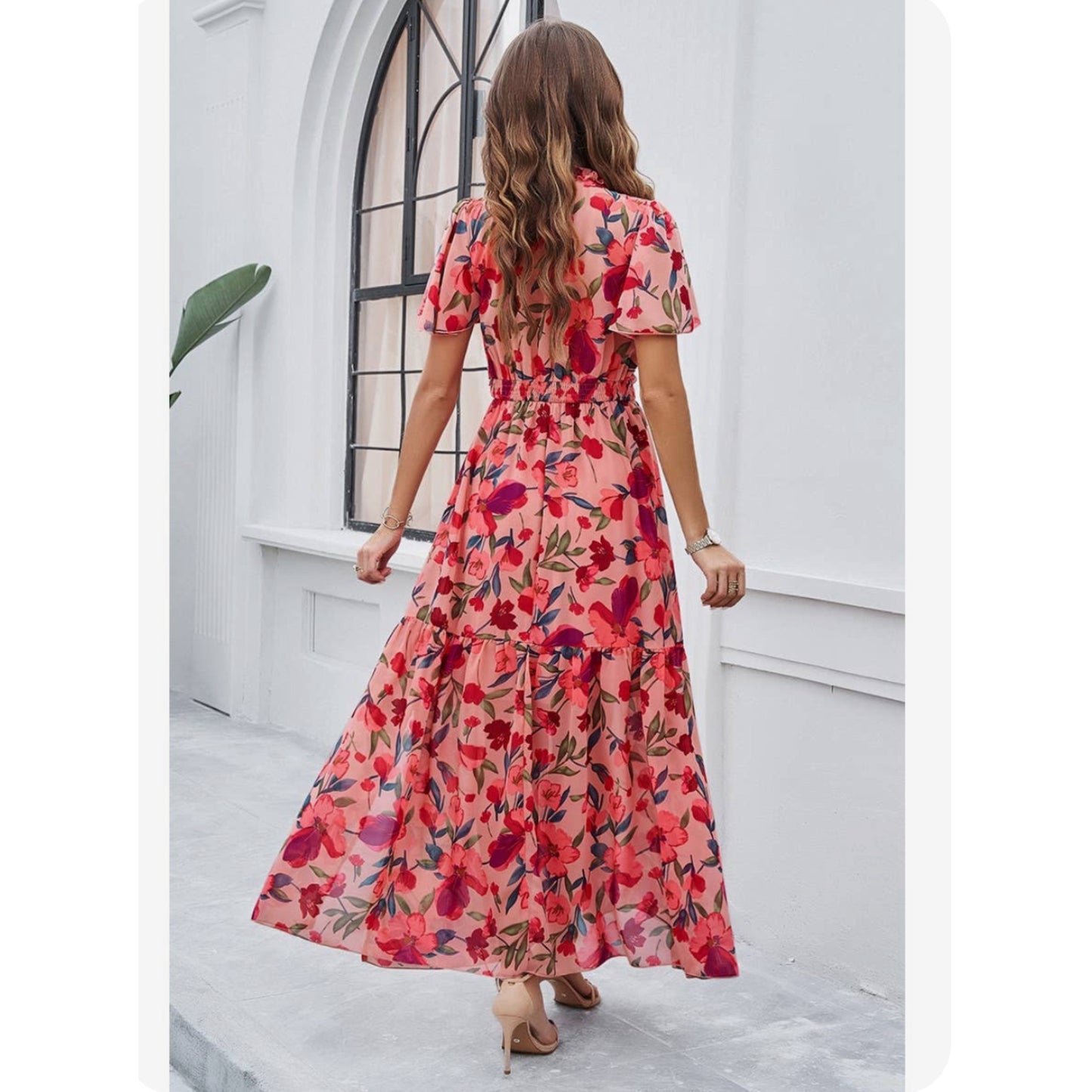 Floral Ruffle Hem Waist Band Long Maxi Dress in Pink