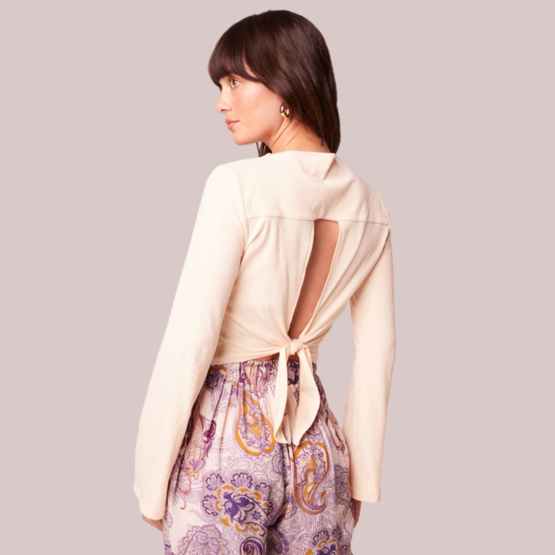 BAND OF THE FREE Avril Cream Mock Neck Top Cropped Blouse Long Sleeve