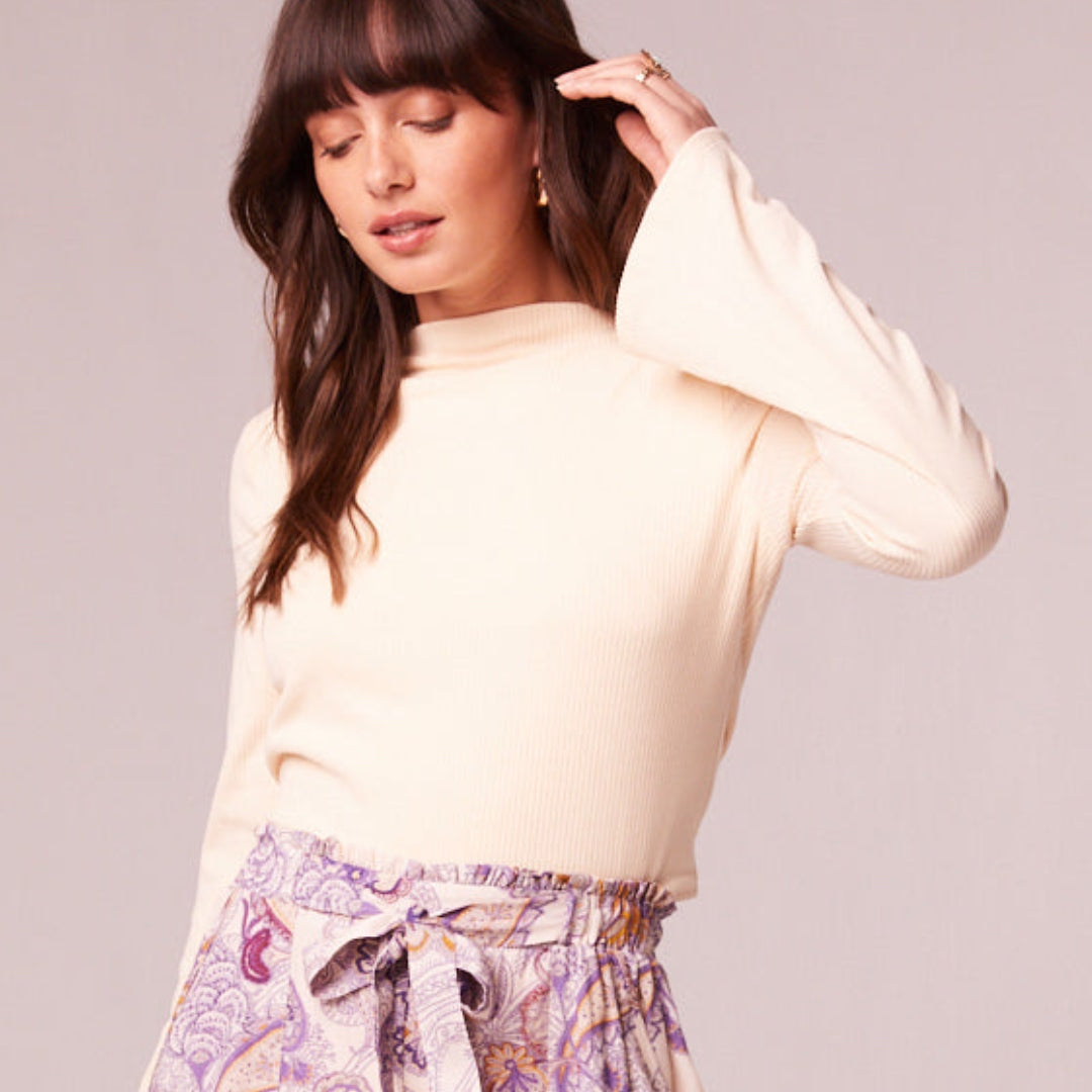 BAND OF THE FREE Avril Cream Mock Neck Top Cropped Blouse Long Sleeve