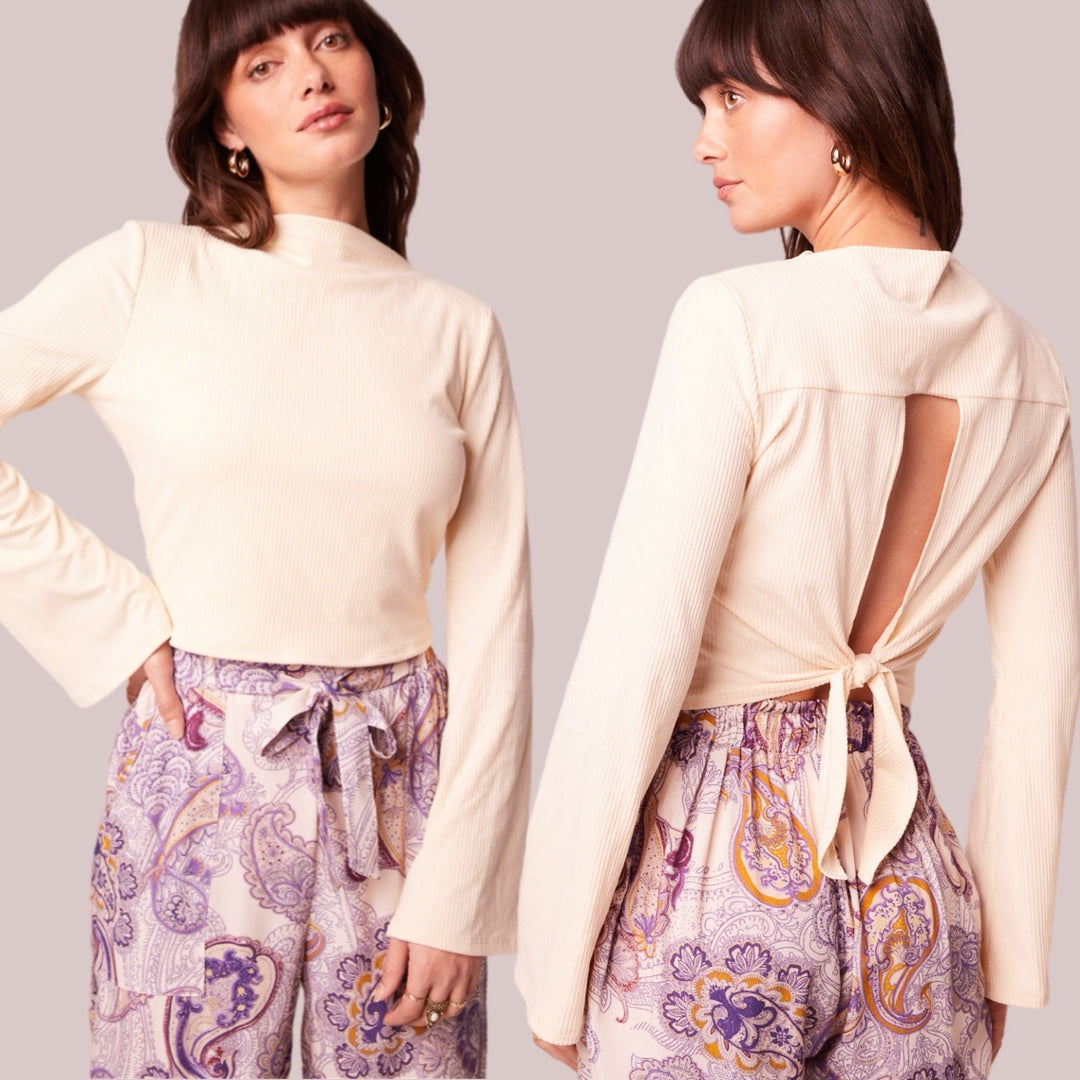 BAND OF THE FREE Avril Cream Mock Neck Top Cropped Blouse Long Sleeve