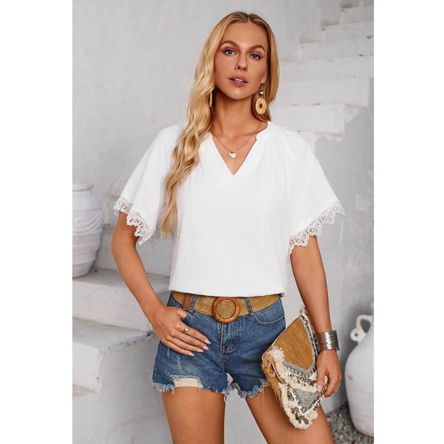 Solid V Neck White Summer Blouse Short Sleeves Lace Trim