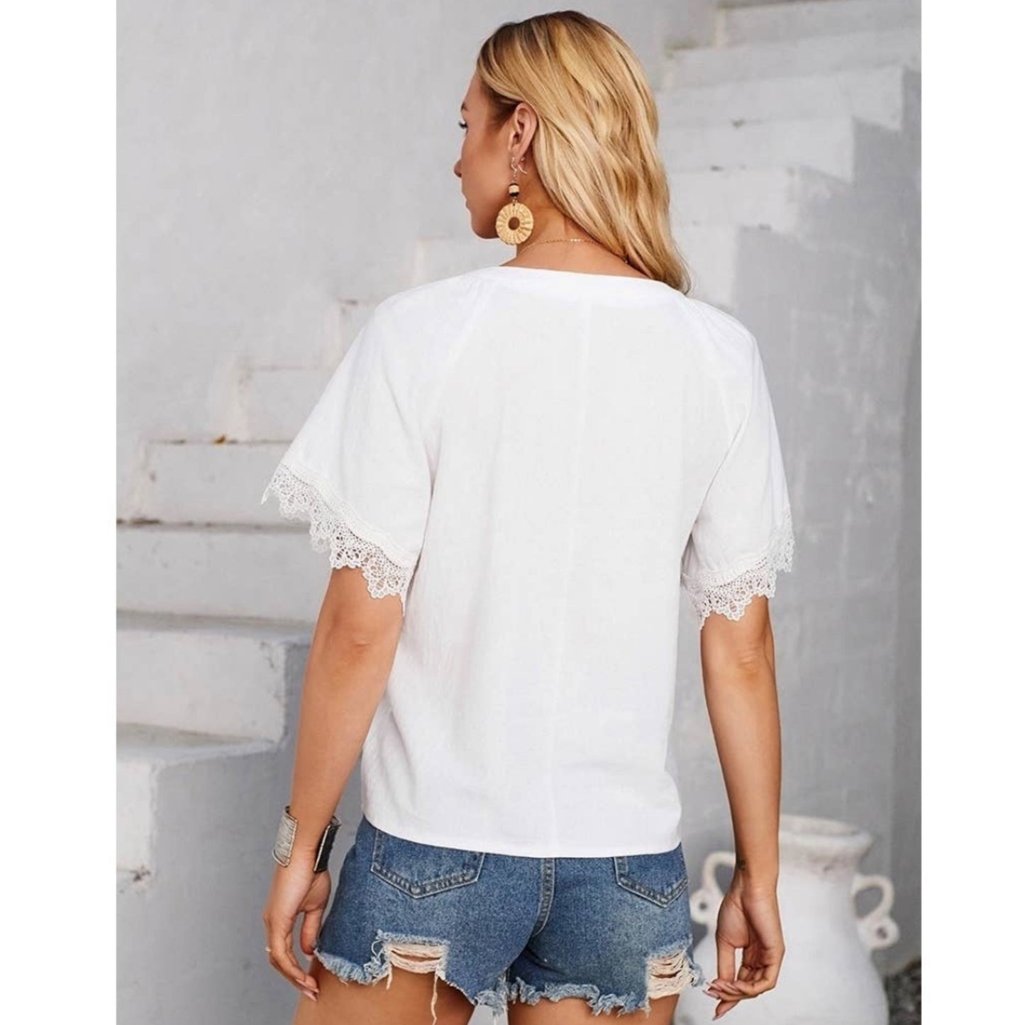 Solid V Neck White Summer Blouse Short Sleeves Lace Trim