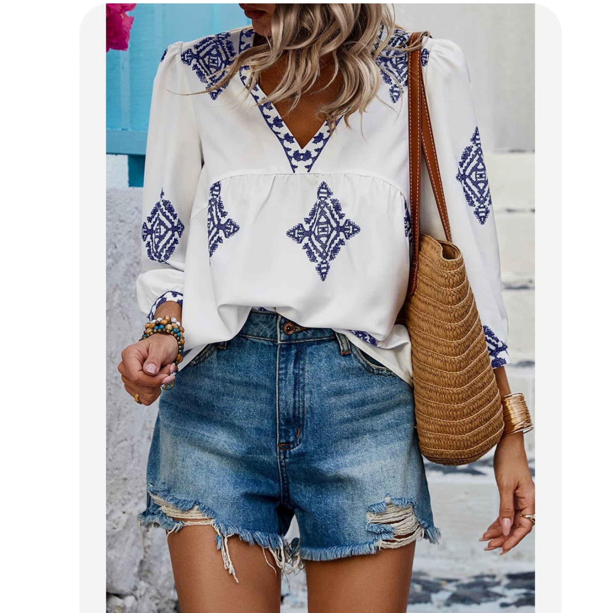 Boho Beachy V Neck Printed Loose Fit Blouse White with Blue Details
