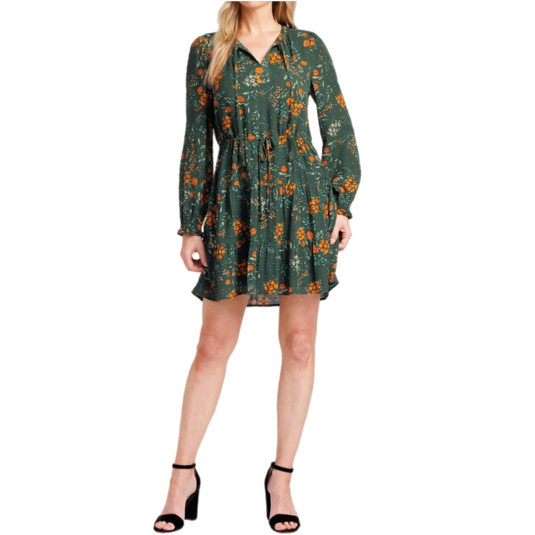 DANIEL RAINN Boho Floral Spring Green Dress Long Sleeve Split Neck
