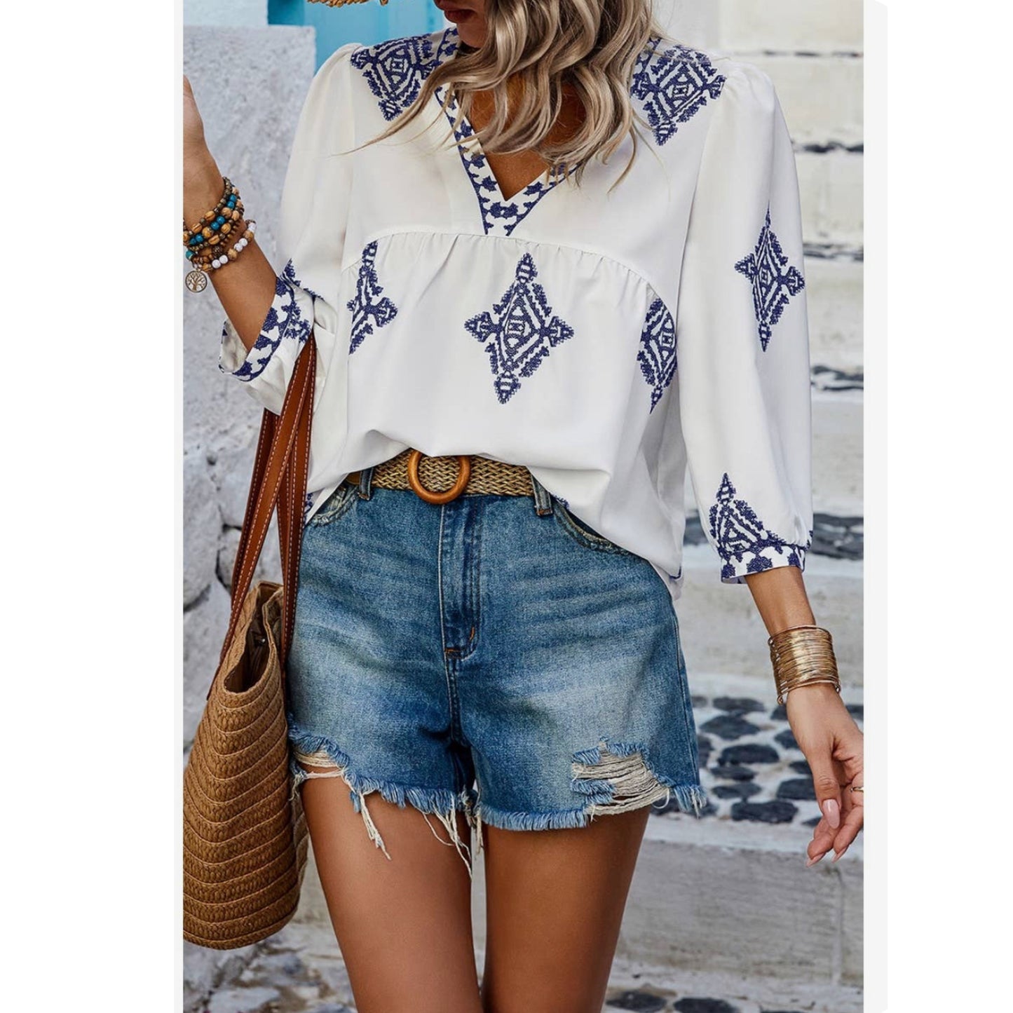 Boho Beachy V Neck Printed Loose Fit Blouse White with Blue Details