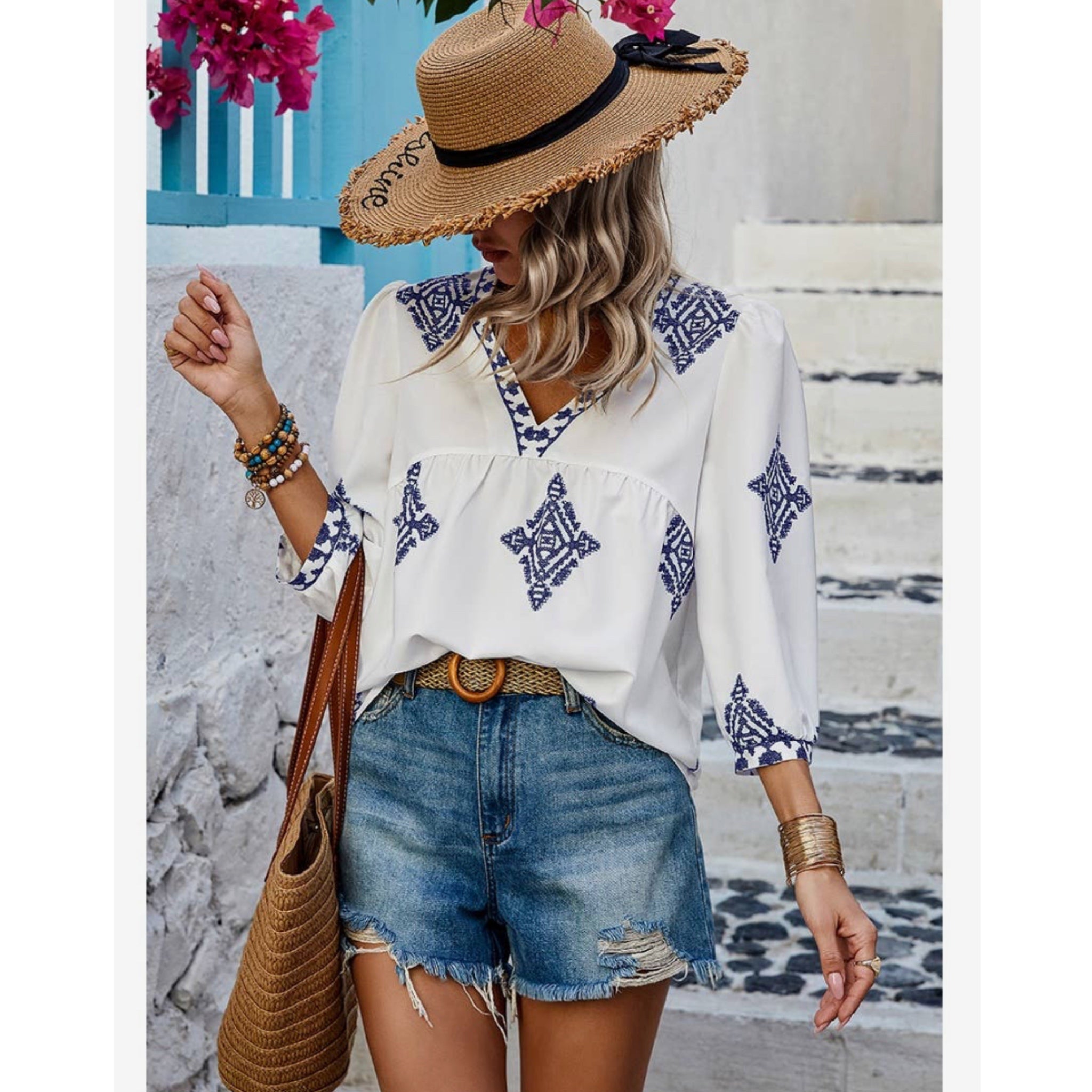 Boho Beachy V Neck Printed Loose Fit Blouse White with Blue Details