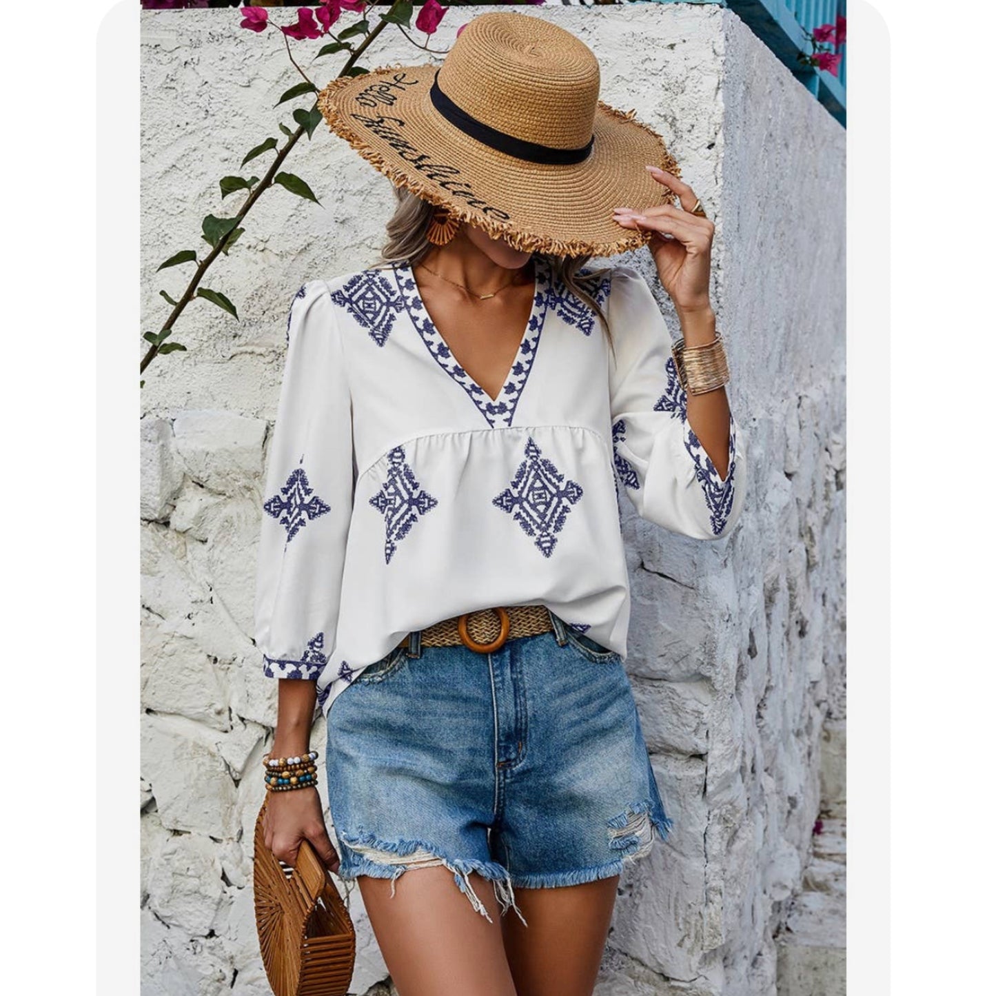 Boho Beachy V Neck Printed Loose Fit Blouse White with Blue Details