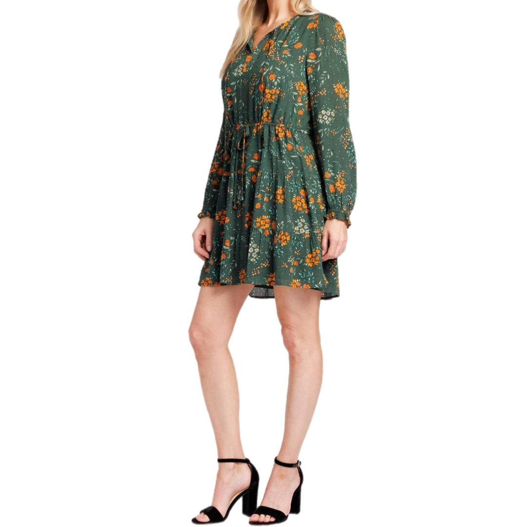 DANIEL RAINN Boho Floral Spring Green Dress Long Sleeve Split Neck