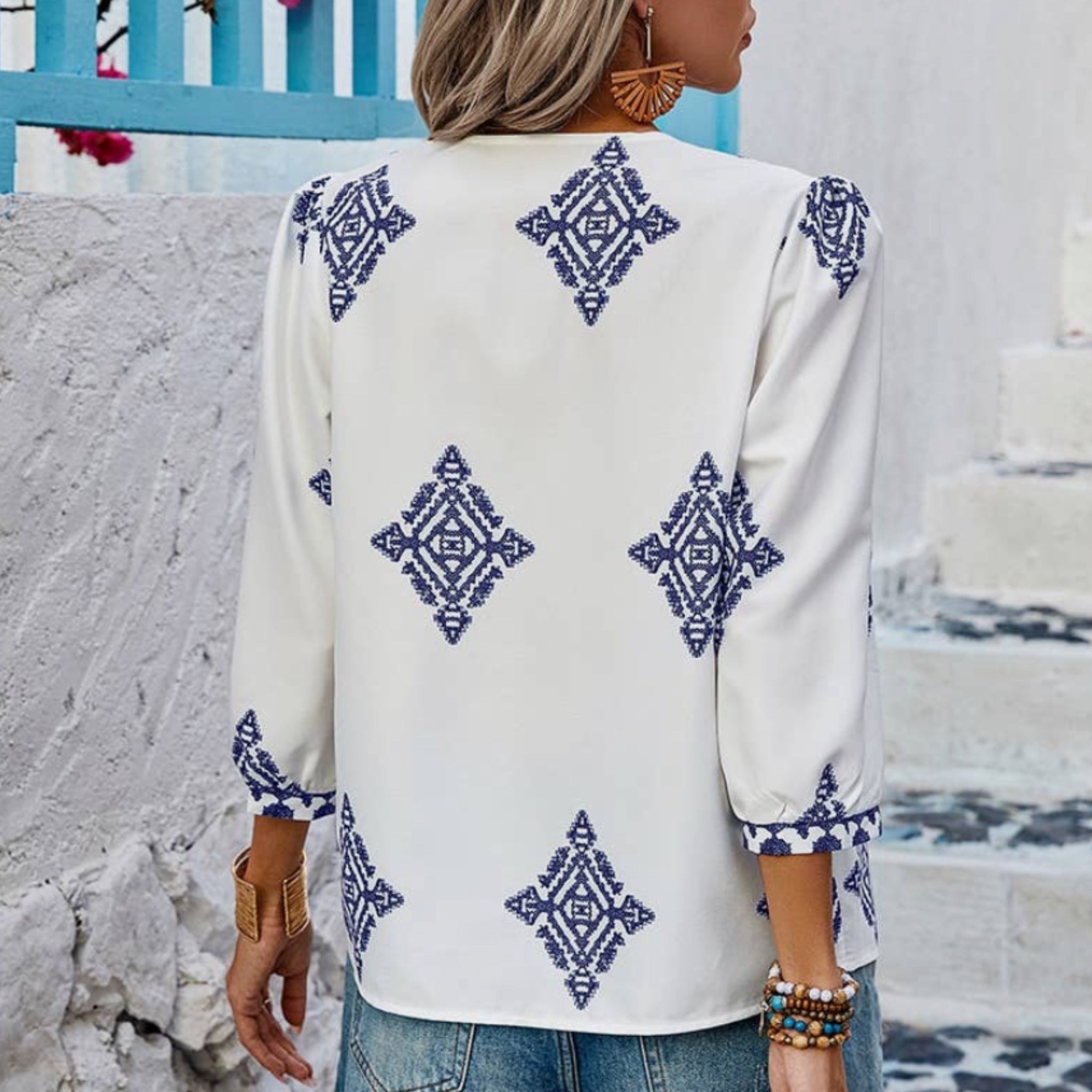 Boho Beachy V Neck Printed Loose Fit Blouse White with Blue Details