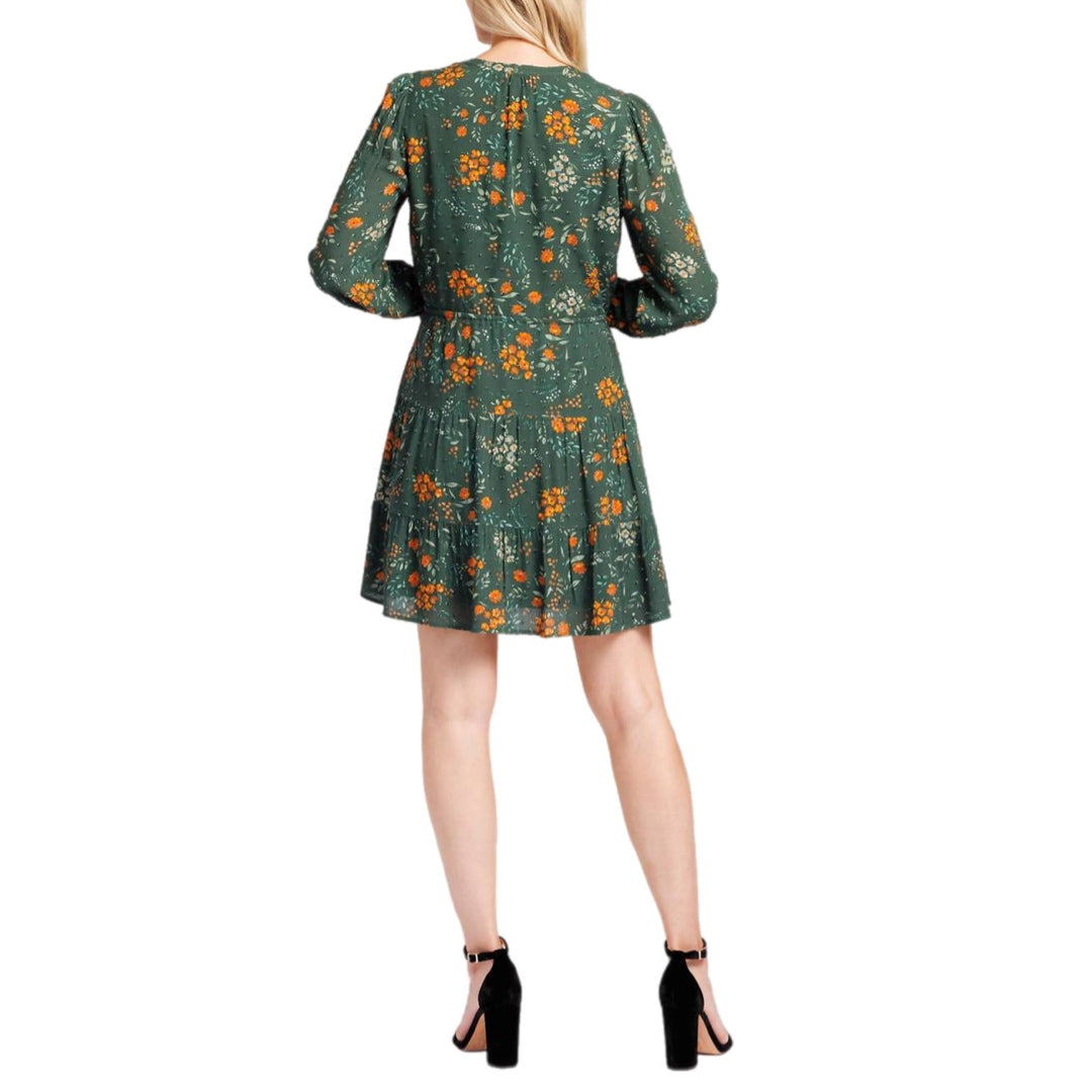 DANIEL RAINN Boho Floral Spring Green Dress Long Sleeve Split Neck