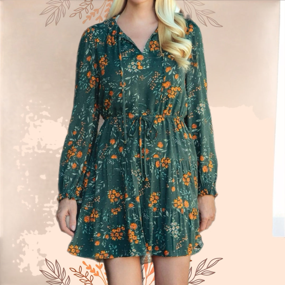DANIEL RAINN Boho Floral Spring Green Dress Long Sleeve Split Neck