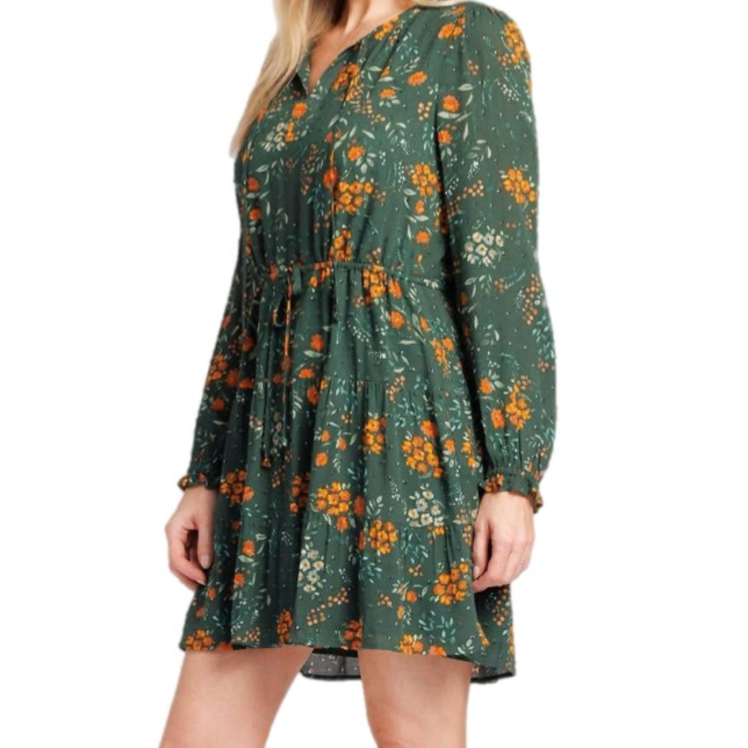 DANIEL RAINN Boho Floral Spring Green Dress Long Sleeve Split Neck