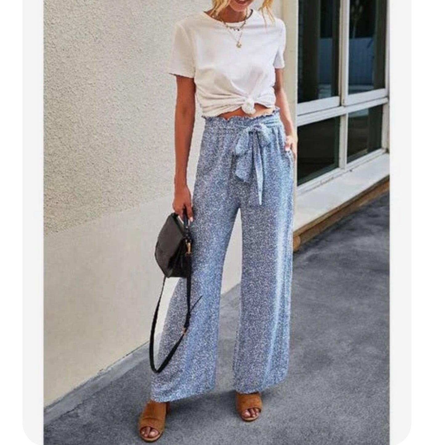 Print Wide Leg Drawstring Pants in Ocean Blue