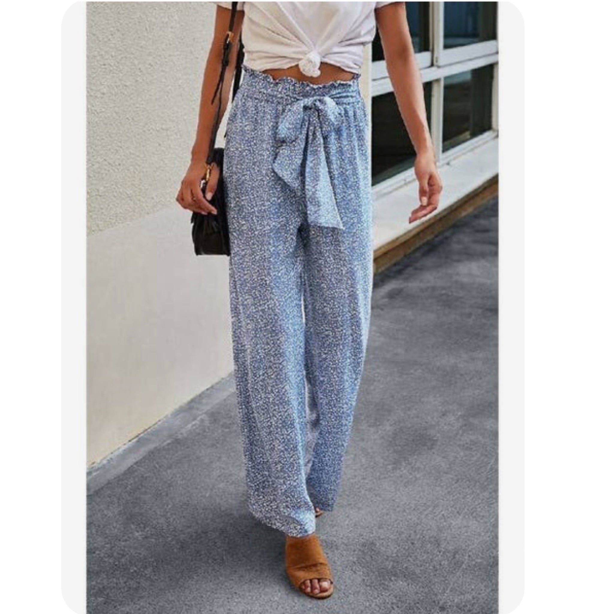 Print Wide Leg Drawstring Pants in Ocean Blue