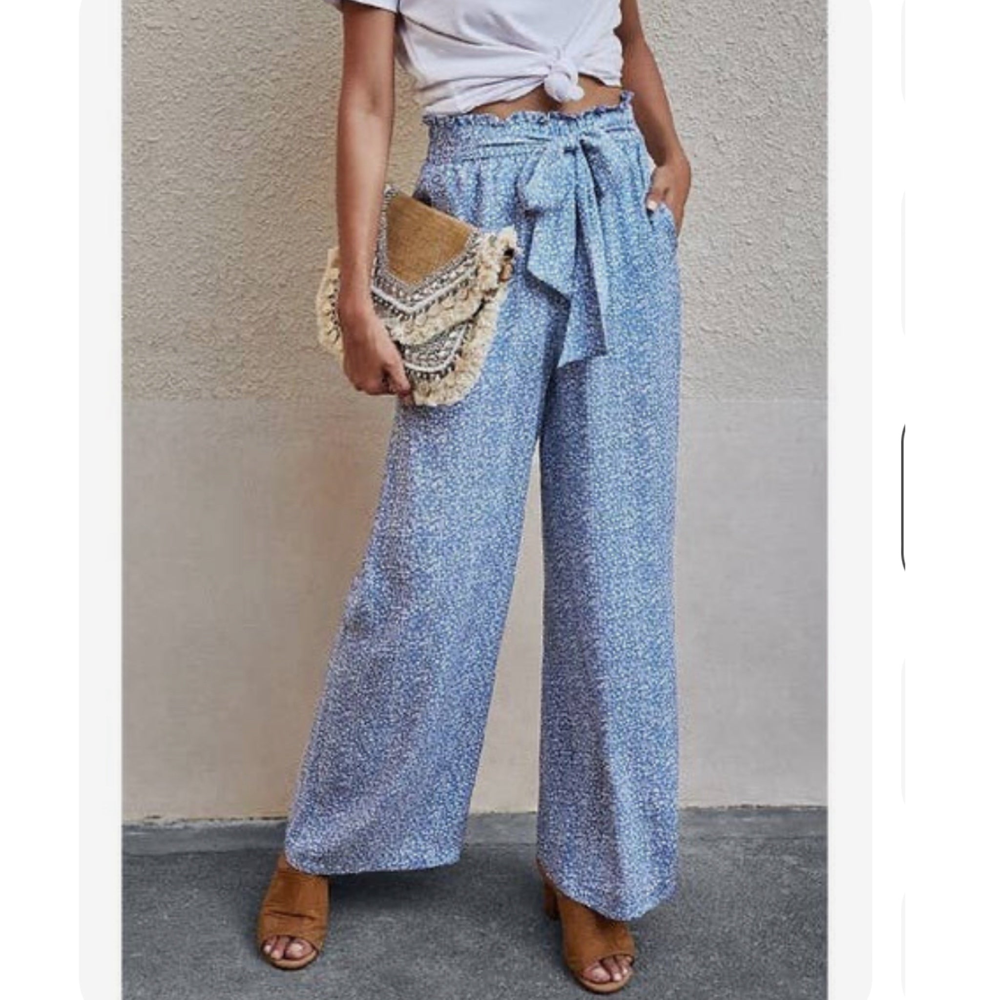 Print Wide Leg Drawstring Pants in Ocean Blue
