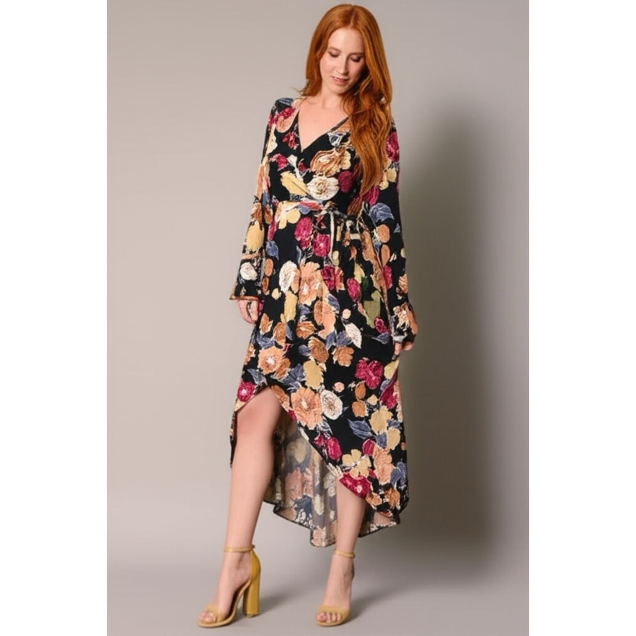 BAND OF THE FREE Black Floral Hi-Lo Wrap Maxi Dress Long Sleeve