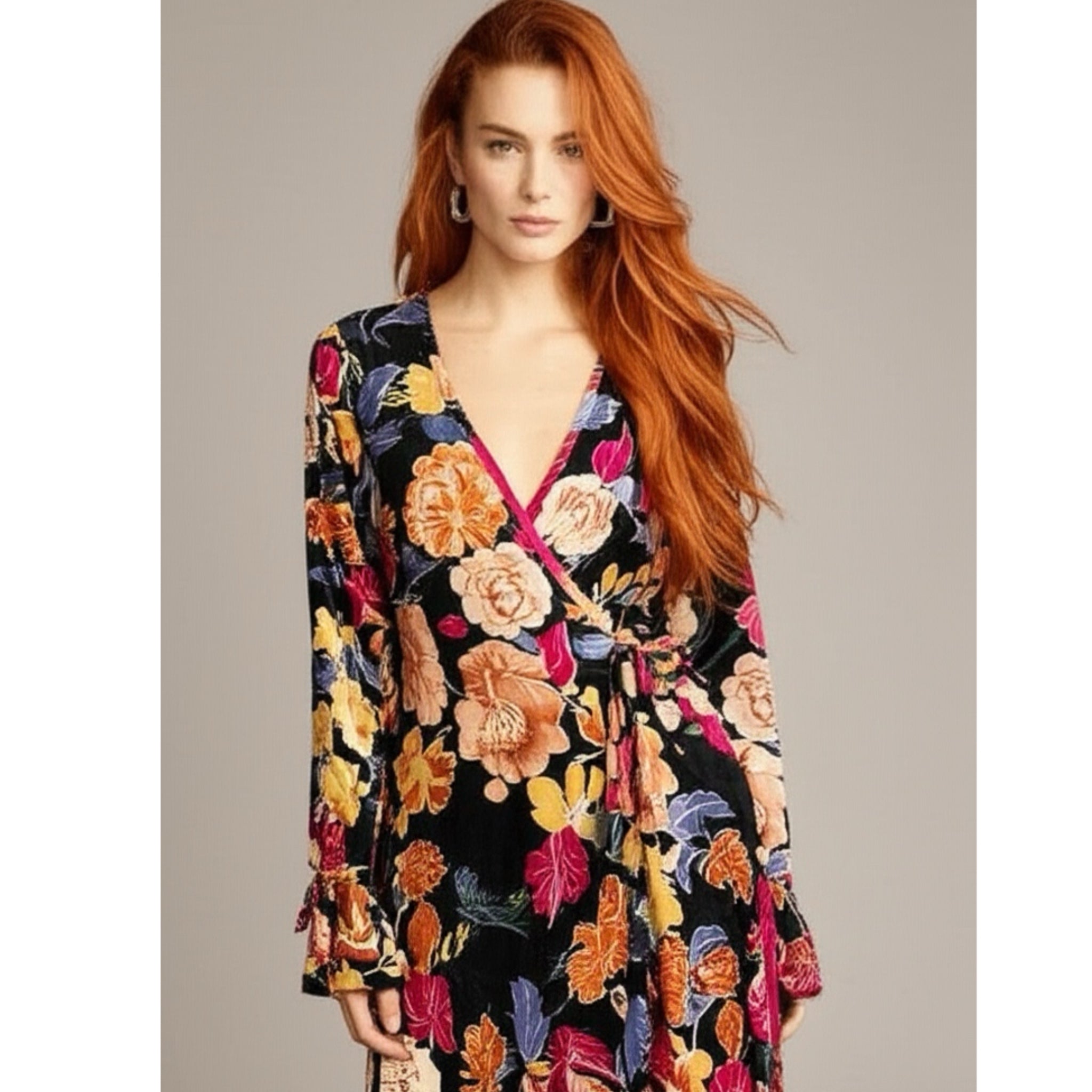 BAND OF THE FREE Black Floral Hi-Lo Wrap Maxi Dress Long Sleeve