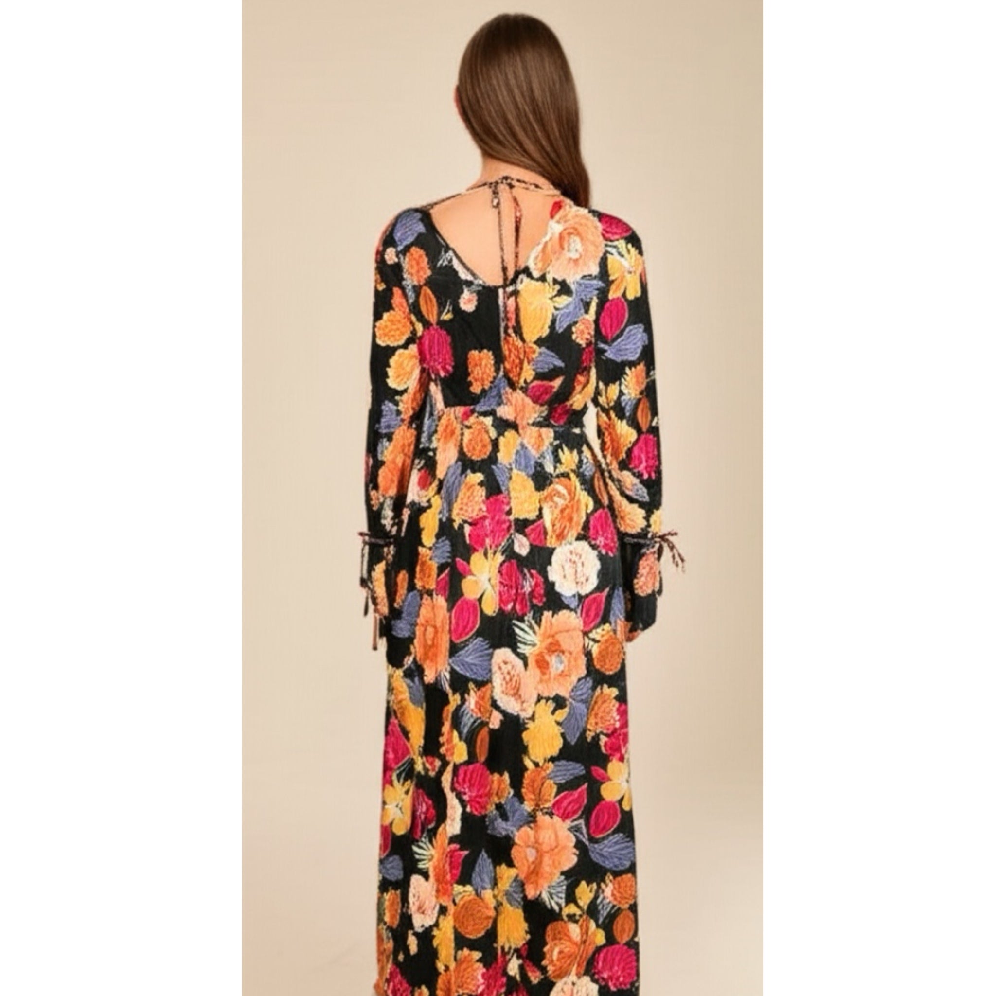 BAND OF THE FREE Black Floral Hi-Lo Wrap Maxi Dress Long Sleeve