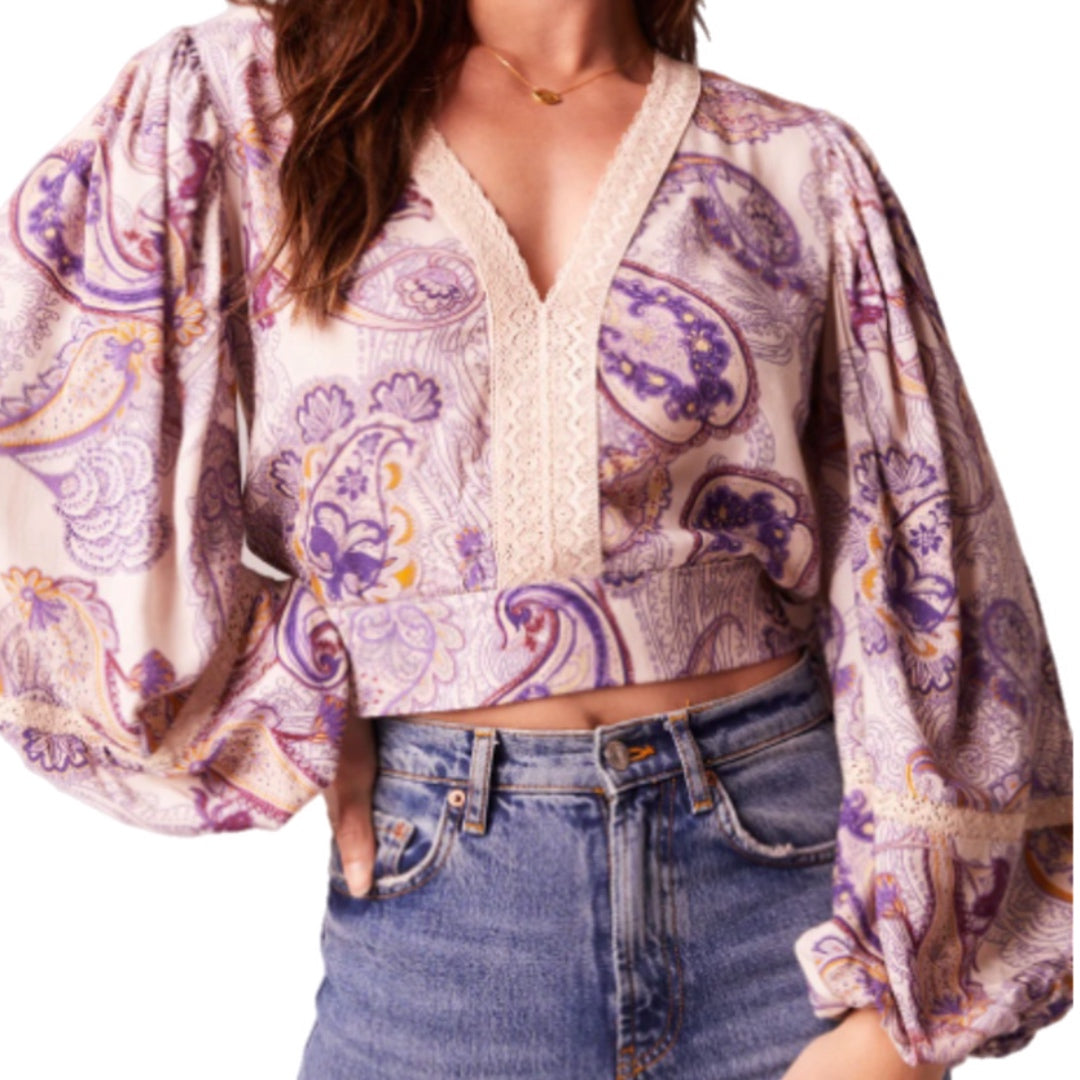 BAND OF THE FREE Boho Peasant Blouse Long Sleeve Paisley Top Cropped