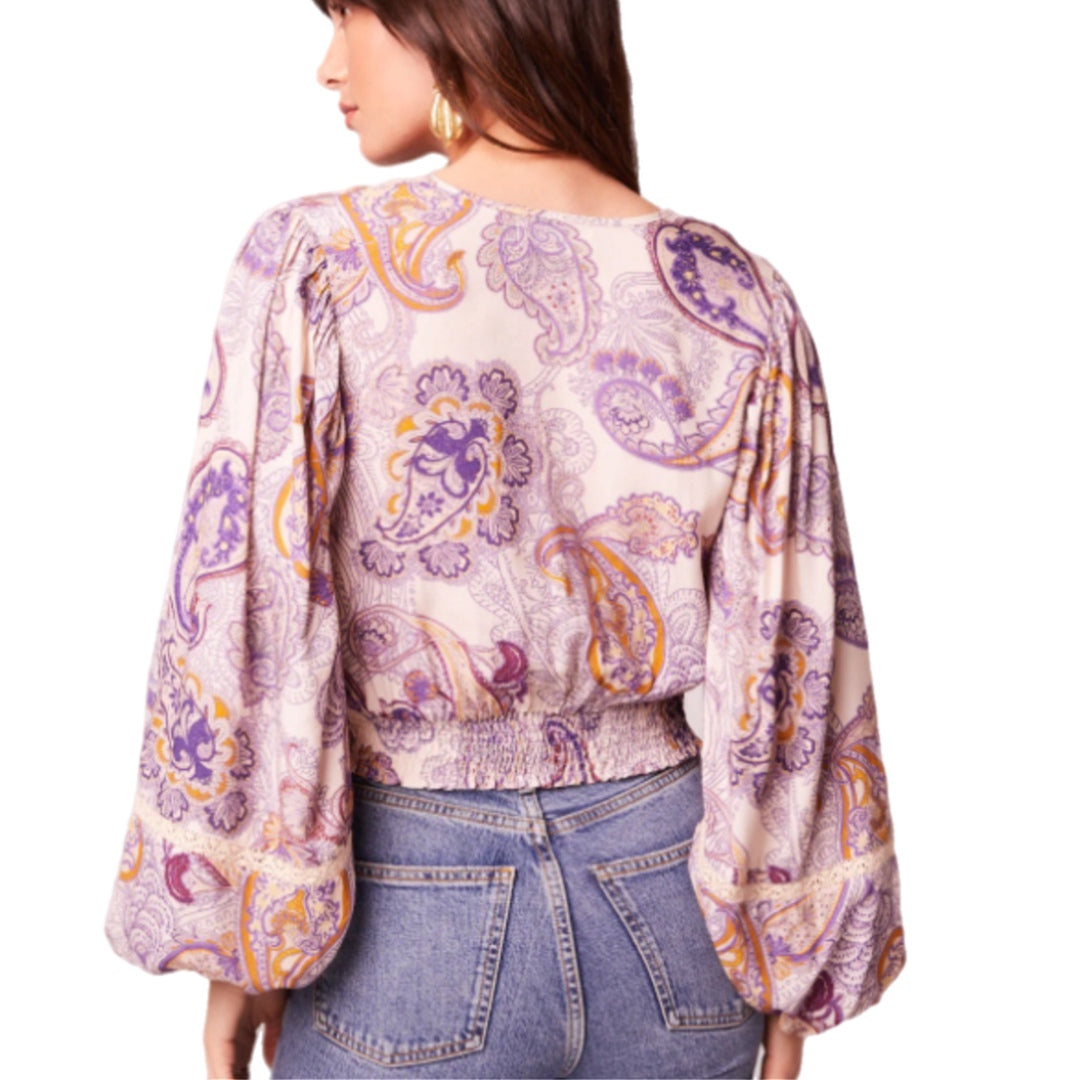 BAND OF THE FREE Boho Peasant Blouse Long Sleeve Paisley Top Cropped