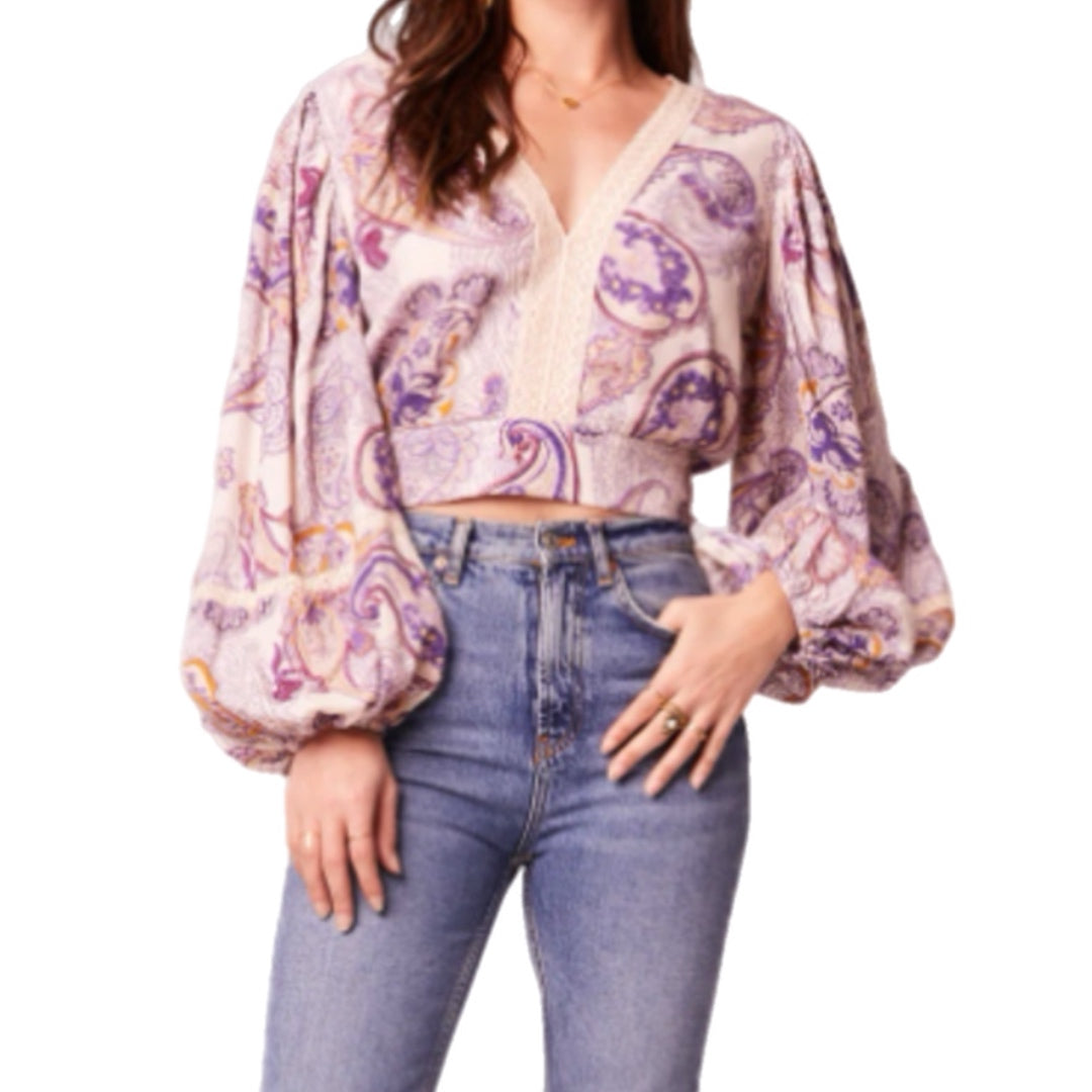 BAND OF THE FREE Boho Peasant Blouse Long Sleeve Paisley Top Cropped