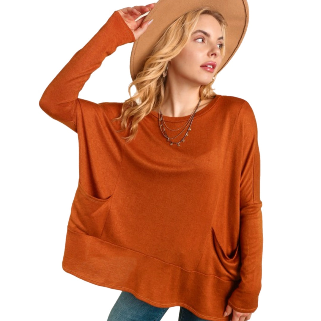 HAPTICS by Holly Harper Rust Hacci Dolman Pocketed Sweater Knit Long Sleeve Top