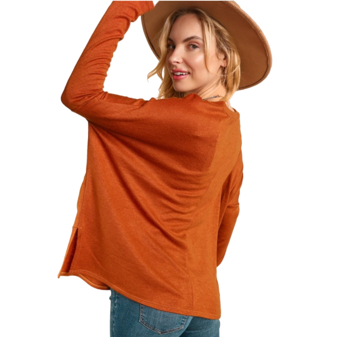 HAPTICS by Holly Harper Rust Hacci Dolman Pocketed Sweater Knit Long Sleeve Top
