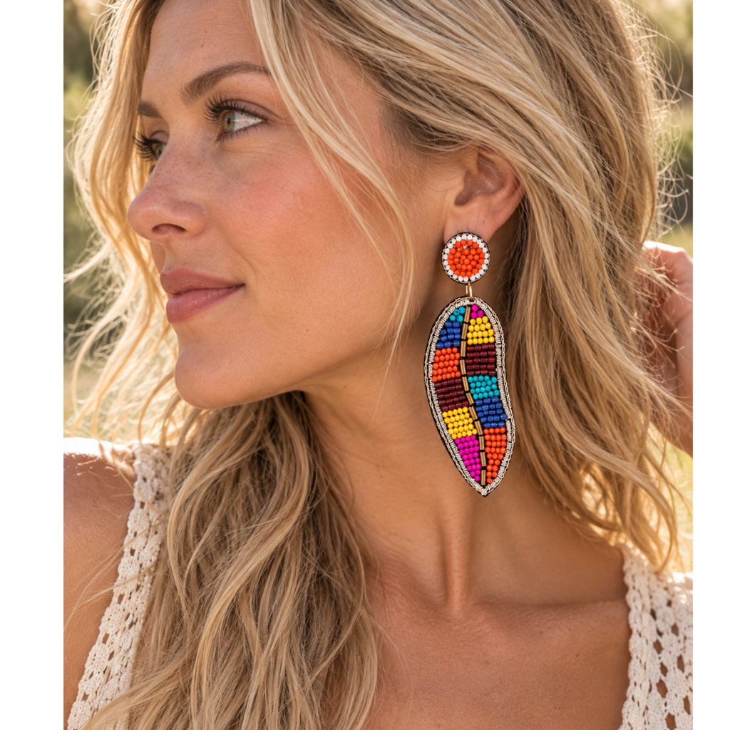 Colorful Beaded Leaf Statement Earrings Boho Dangle Made in India