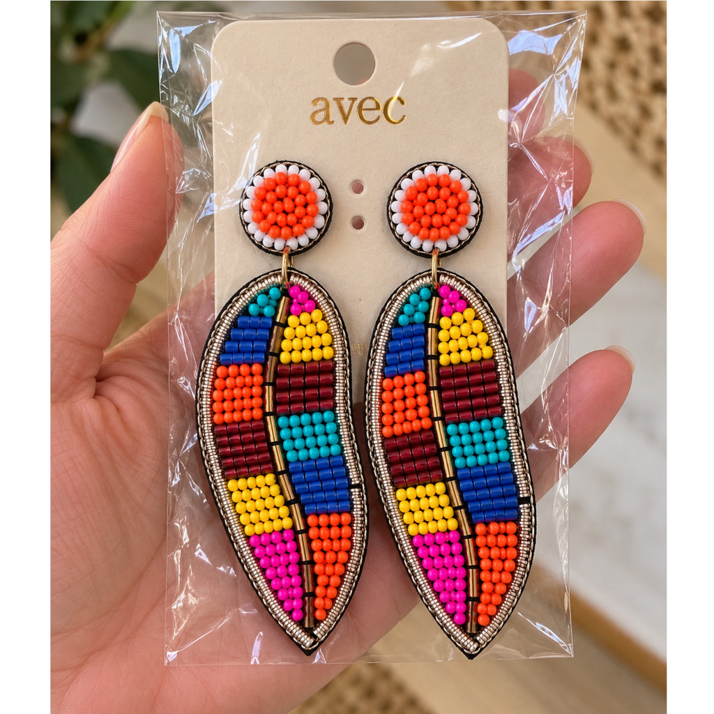Colorful Beaded Leaf Statement Earrings Boho Dangle Made in India