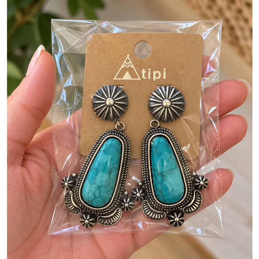 Turquoise Southwestern Statement Drop Earrings – Antique Silver Tone