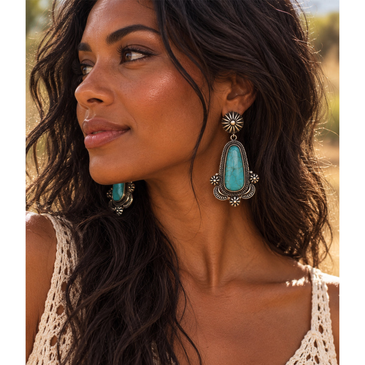 Turquoise Southwestern Statement Drop Earrings – Antique Silver Tone