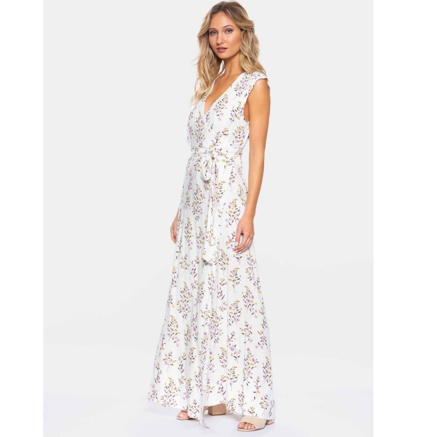 TAVIK ELLETTE Long White Wrap Dress Garden Floral Lined Small Only