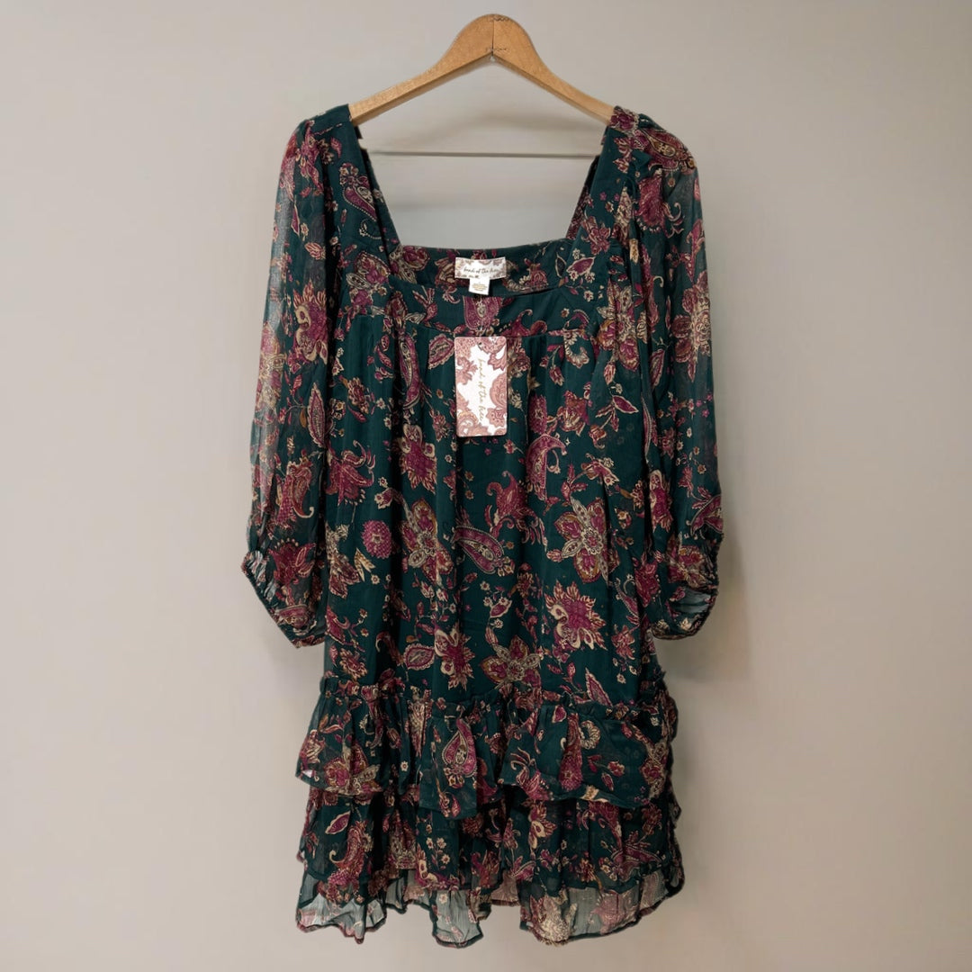 BAND OF THE FREE Mandy Floral Pine Berry Sheer Sleeve Dress Ruffle Hem