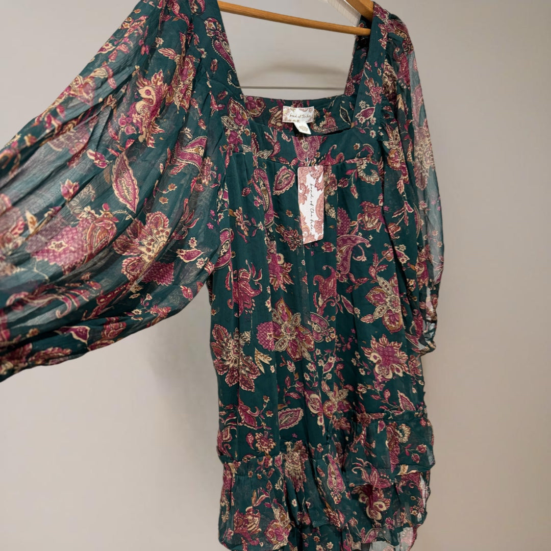 BAND OF THE FREE Mandy Floral Pine Berry Sheer Sleeve Dress Ruffle Hem